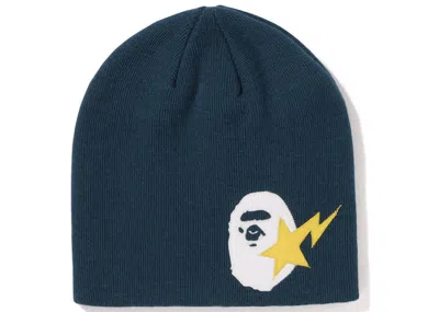 Pre-owned Bape Sta Ape Head Leather Patched Knit Beanie In Navy Blue