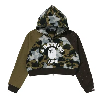 Pre-owned Bape Sta Over Print 1st Camo Crystal Stone College Full Zip Hoodie 'green' | Women's Size S