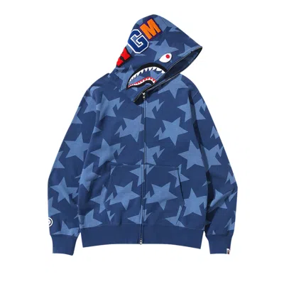 Pre-owned Bape Sta Pattern Shark Full Zip Hoodie 'indigo' In Blue