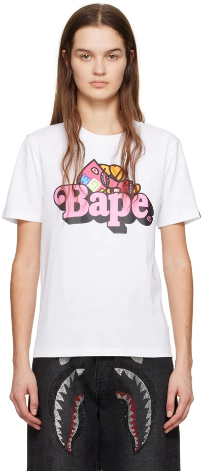 Bape White Shark Milo T-shirt In White X Pink