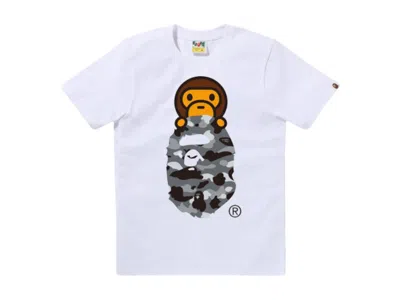 Pre-owned Bape Women's 1st Camo Milo On Ape Head Tee Shirt In White/grey