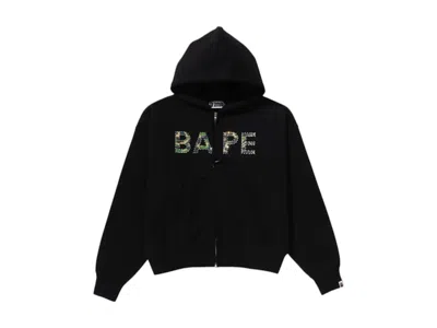 Pre-owned Bape Women's Abc Camo Crystal Logo Wide Zip Hoodie In Black