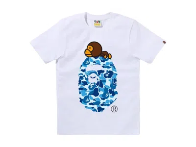 Pre-owned Bape Women's Abc Camo Milo On Big Ape Tee Shirt In White/blue