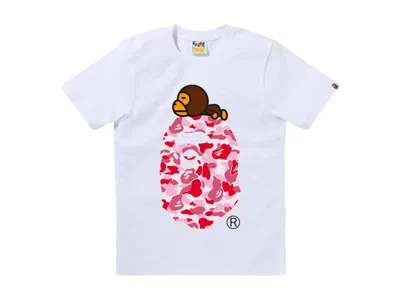 Pre-owned Bape Women's Abc Camo Milo On Big Ape Tee Shirt In White/pink