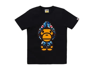 Pre-owned Bape Women's Abc Camo Shark Hoodie Milo Tee Shirt In Black/blue