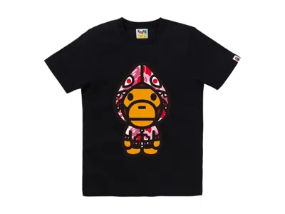 Pre-owned Bape Women's Abc Camo Shark Hoodie Milo Tee Shirt In Black/pink