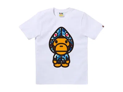 Pre-owned Bape Women's Abc Camo Shark Hoodie Milo Tee Shirt In White/blue