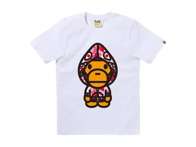 Pre-owned Bape Women's Abc Camo Shark Hoodie Milo Tee Shirt In White/pink