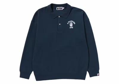 Pre-owned Bape Women's College Long Sleeve Polo Shirt In Navy Blue