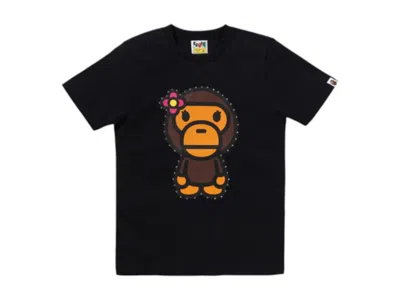 Pre-owned Bape Women's Crystal Stone Big Baby Lisa Tee Shirt In Black