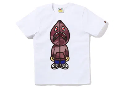 Pre-owned Bape Women's Grid Camo Classic Milo Shark Tee Shirt In White Burgundy