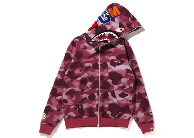 Pre-owned Bape Women's Grid Camo Shark Full Zip Hoodie In Burgundy