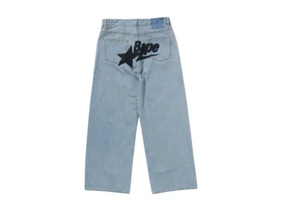 Pre-owned Bape Women's Sta Embroidery Baggy Denim Pants In Blue