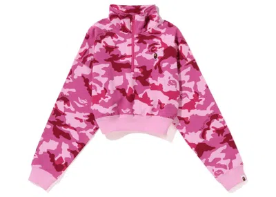Pre-owned Bape Women's Woodland Camo Cropped Half Zip Sweater In Pink