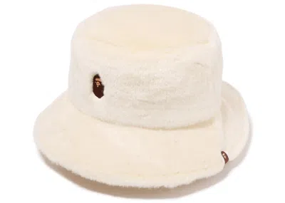 Pre-owned Bape Womens One Point Fur Bucket Hat In White