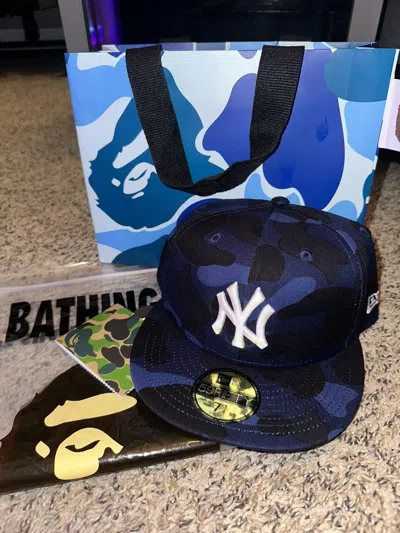 Pre-owned Bape X Mlb Bape New Era Fitted Blue Camo Hat