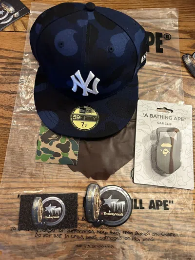 Pre-owned Bape X Mlb Blue Camo Nyy Fitted Hat