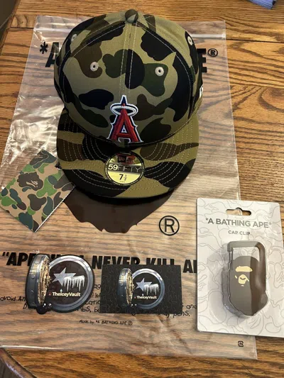 Pre-owned Bape X Mlb Green Camo Laa Fitted Hat In Multicolor