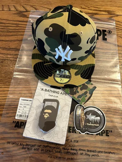 Pre-owned Bape X Mlb Yellow Nyy Fitted Hat 7 1/4 In Camo
