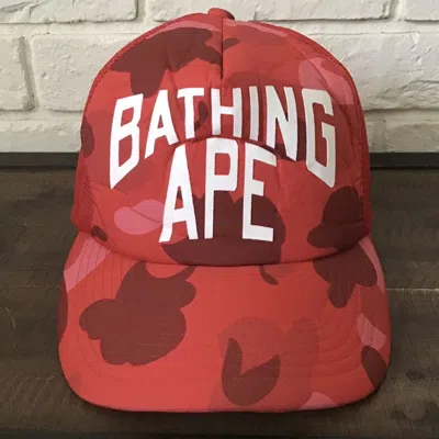 Pre-owned Bape X Nigo Bape Pharrell Camo Nyc Logo Trucker Hat Cap Nigo In Red