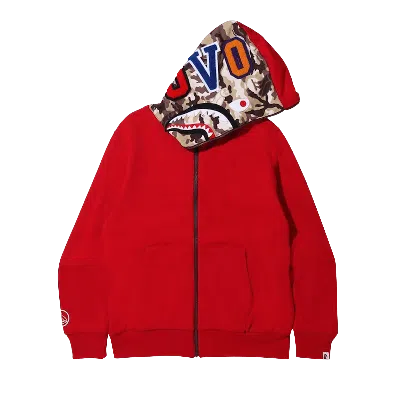 Pre-owned Bape X Ovo Woodland Camo Shark Reversible Full Zip Hoodie 'red'
