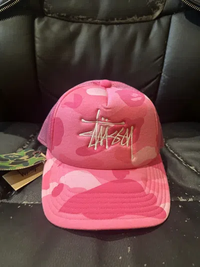 Pre-owned Bape X Stussy Mesh Trucker Hat Pink Camo