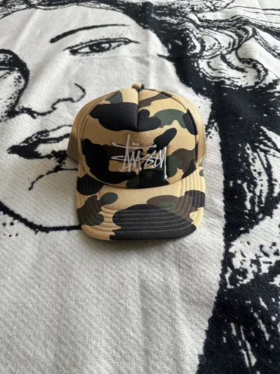 Pre-owned Bape X Stussy Trucker Cap Ss22 In Yellow