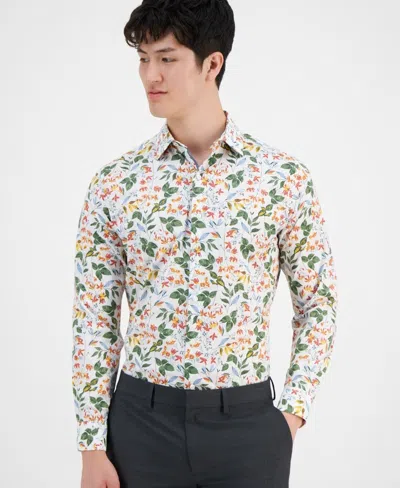 Bar Iii Bold Ivy Dress Shirt Men's White Floral Slim-fit Oxford Fts126 In Multi