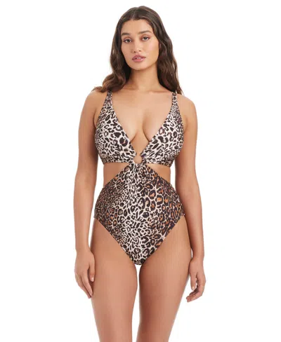 Bar Iii Feline Fine Plunge Ring Over-the-shoulder Monokini, Macy's Exclusive In Brown