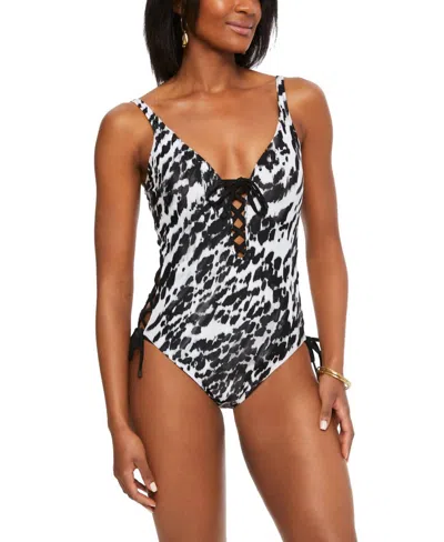 Bar Iii Heat Wave Lace-up One-piece Swimsuit In Black/white In Multi