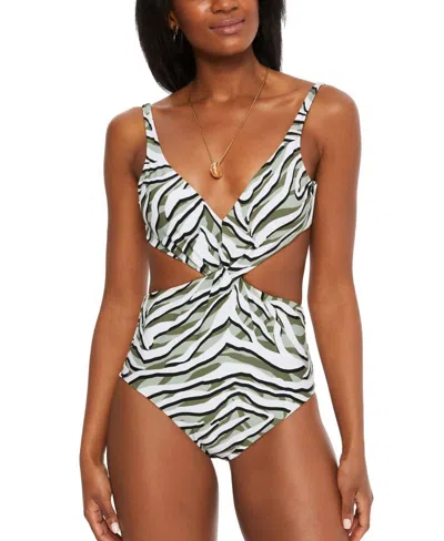 Bar Iii Hypno Beach Chic Printed Twist-front One-piece Swimsuit In Summer Sage In Green