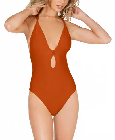 Bar Iii Like It Or Knot Ribbed One Piece Swimsuit In Cinnamon In Brown