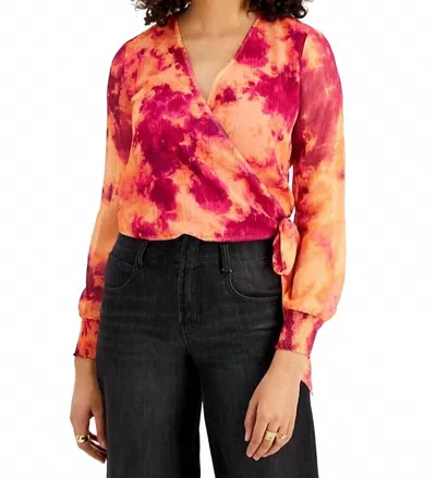 Bar Iii Long Sleeve Wrap Blouse In Tie-dye In Pink