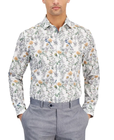 Bar Iii Men's Bird Floral Dress Shirt, Created For Macy's In White Apricot