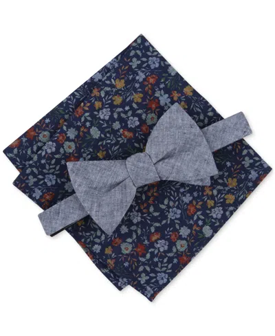 Bar Iii Men's Kanupp Solid Bow Tie & Floral Pocket Square Set, Created For Macy's In Navy