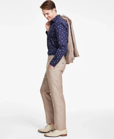 Bar Iii Men's Slim-fit Linen Suit Pants, Created For Macy's In Tan Pinstripe
