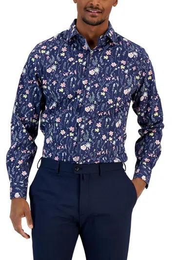 Bar Iii Mens Floral Print Stretch Button-down Shirt In Blue
