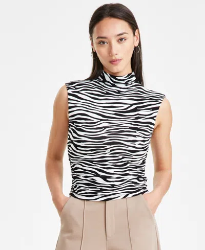 Bar Iii Petite Animal-print Side-ruched Mock-neck Top, Created For Macy's In Sam Zebra D