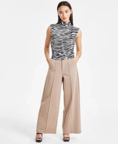 Bar Iii Petite Animal Print Side Ruched Mock Neck Top Wide Leg Ponte Pants Created For Macys In Warm Ginger