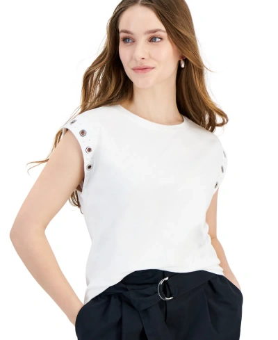 Bar Iii Petite Crewneck Grommet-trim-sleeve Top, Created For Macy's In Bright White