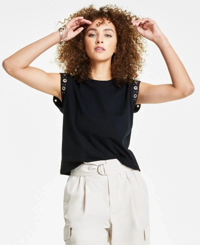 Bar Iii Petite Grommet Trim Top Belted Cargo Pants Created For Macys In Deep Black