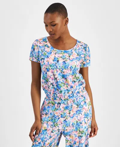 Bar Iii Petite Floral-print Round-neck Short-sleeve Top, Created For Macy's In Lana Floral