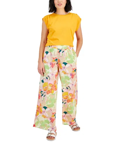 Bar Iii Petite Ruched Shoulder Knit Top Floral Wide Leg Pull On Pants Created For Macys In Alexa Floral