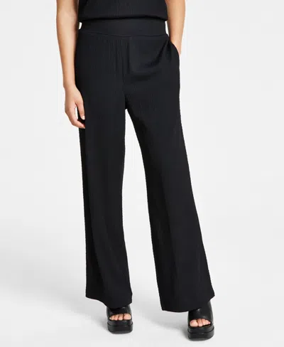 Bar Iii Petite High Rise Textured Wide Leg Pants, Created For Macy's In Deep Black