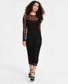 Bar Iii Petite Lace Long-sleeve Bodycon Midi Dress, Created For Macy's In Deep Black