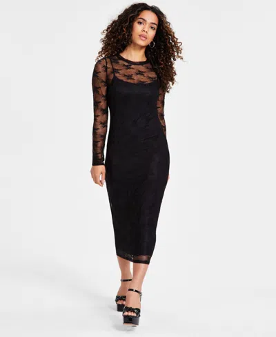 Bar Iii Petite Lace Long-sleeve Bodycon Midi Dress, Created For Macy's In Deep Black