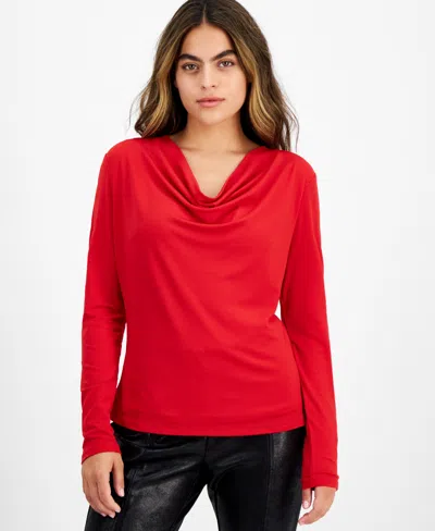 Bar Iii Petite Long-sleeve Knit Cowlneck Top, Created For Macy's In Cherry Candy