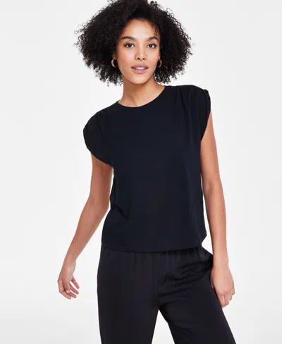 Bar Iii Petite Ruched-shoulder Cap-sleeve Knit Top, Created For Macy's In Deep Black