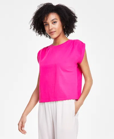 Bar Iii Petite Ruched-shoulder Cap-sleeve Knit Top, Created For Macy's In Pink Peacock