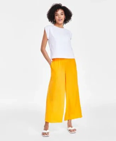 Bar Iii Petite Ruched Shoulder Knit Top Wide Leg Pull On Pants Created For Macys In Fruity Orange